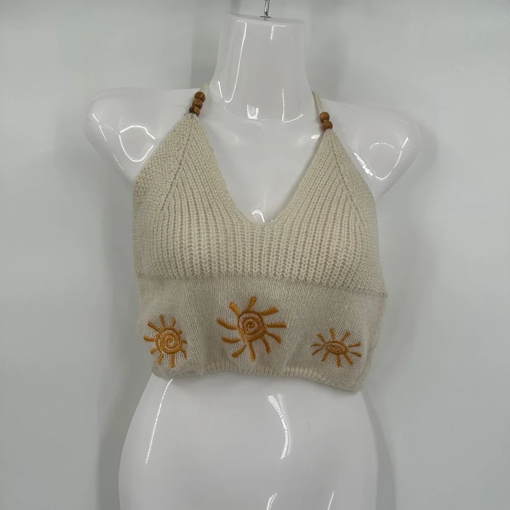 Womens Boho Celestial Knit Crop Top Size XS Festival Hippie Earthy Indie Crochet